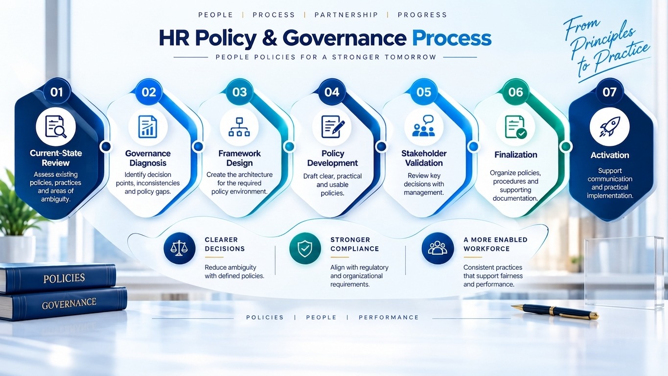 Anekor HR Policy and Governance process: Current-State Review, Governance Diagnosis, Framework Design, Policy Development, Stakeholder Validation, Finalization, Activation